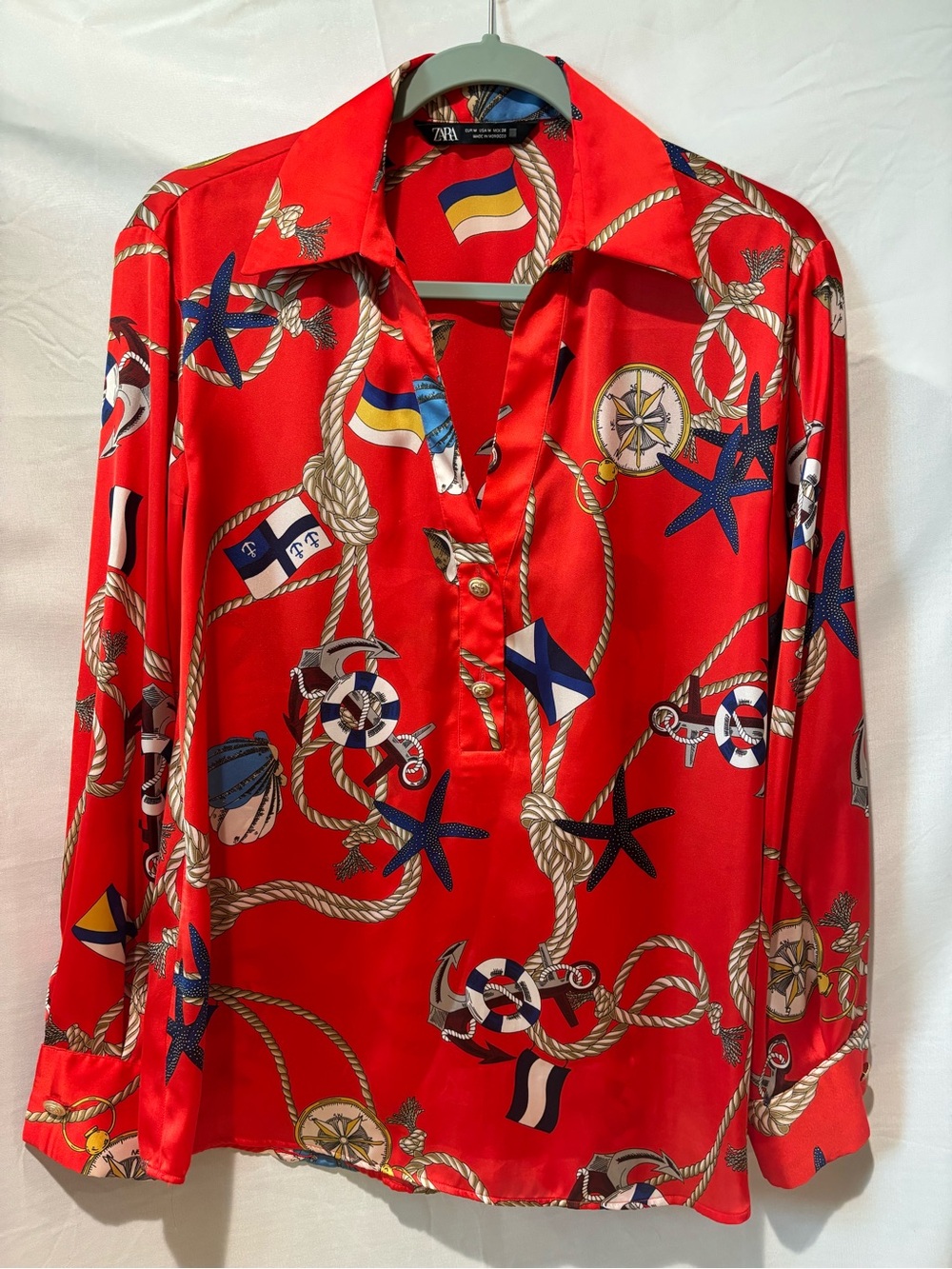 Zara Red Nautical-Print Button-Down Shirt